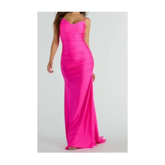 Jamie Formal Neon Pink Fitted Cowl Neck Mermaid Long Dress Sz XS (750) - Picture 6 of 11